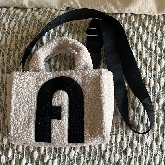 Furla Cream and Black Sherpa Crossbody Small Tote Bag with Black Strap - Picture 2 of 7
